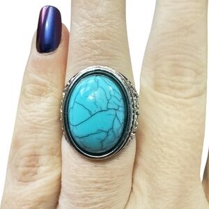 Vintage Floral Filigree Turquoise Blue Oval Ring Silver Tone Cabochon Size 7.25